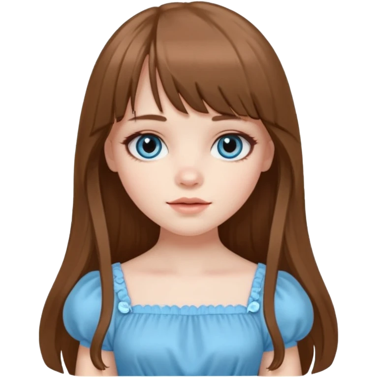 A pale girl with very long brown hair with bangs and a layer longer than that, wearing a cute sky blue dress and cute doll makeup.  emoji