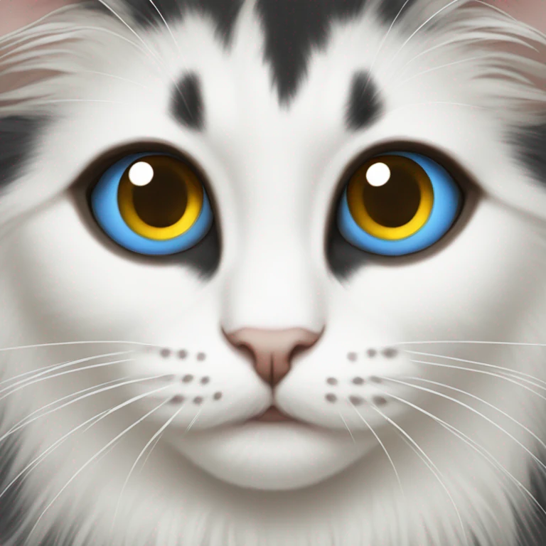 Black and white long haired odd-eyed cat with right eye blue and left eye yellow-brown. Different color eye. emoji
