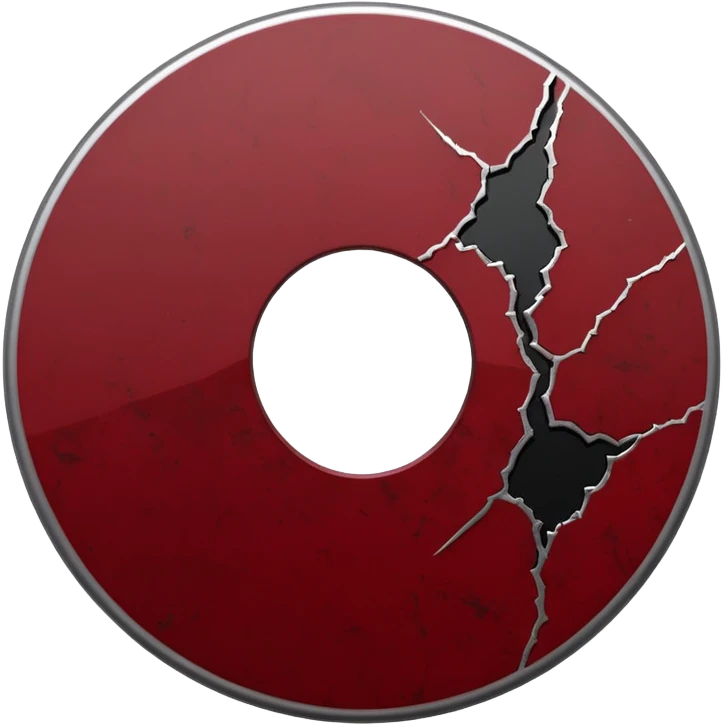 Minimalist emoji-style sticker of a single CD with a sharp crack and a dried blood spot. View from above, black, gray, and muted red.
 emoji