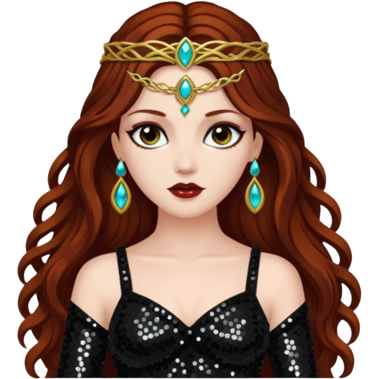 Persephone, Goddess of Death from Gods and Goddesses with long dark auburn hair, black sequin outfit emoji