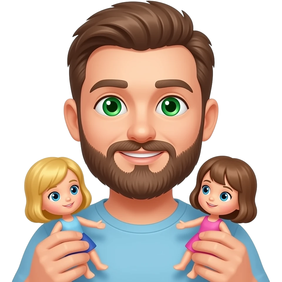 White guy with brown beard and light skin guy green eyes playing with dolls emoji