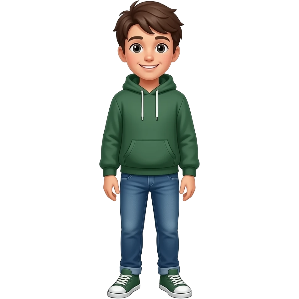 Boy wearing dark green hoodie and wearing jeans and smiling, full body emoji