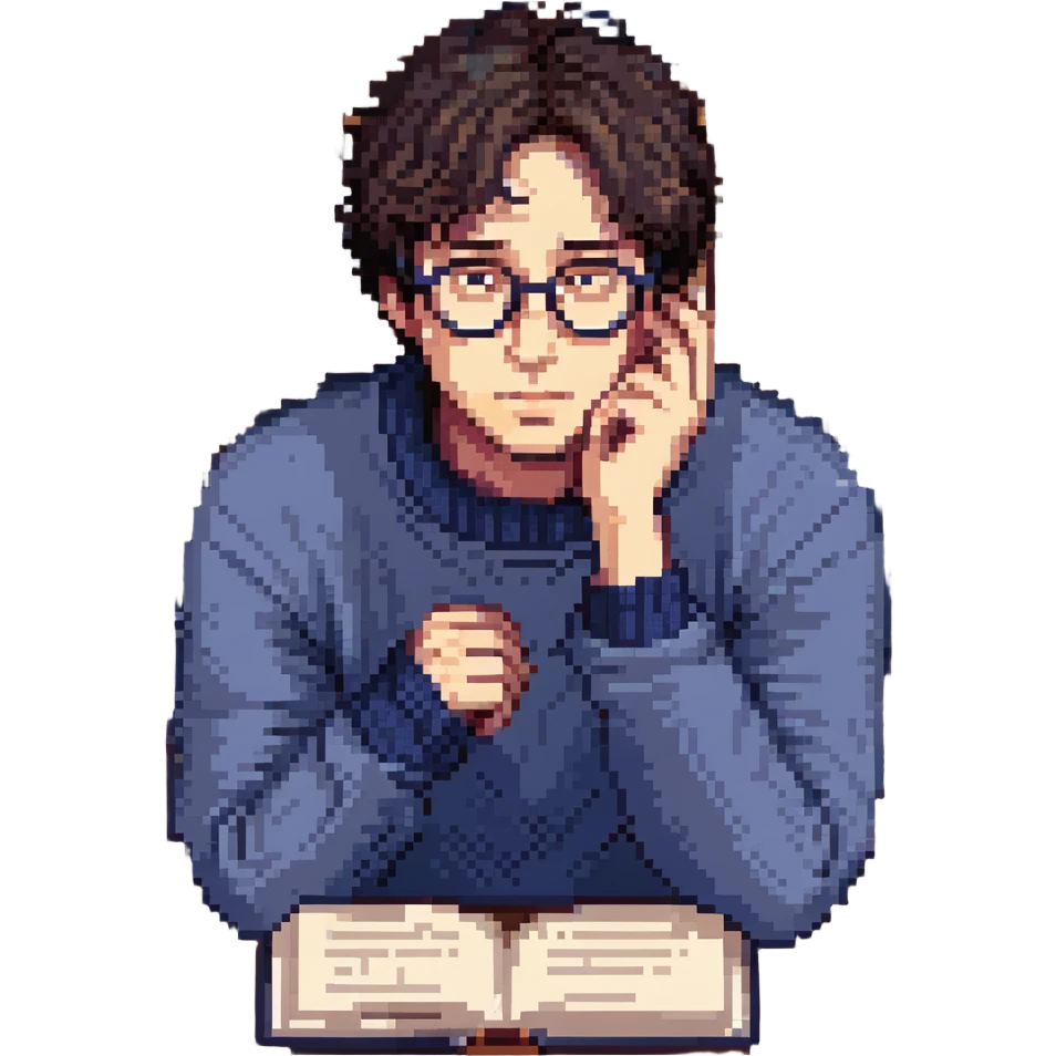 Flat pixel are, calm and curious male thinker, light skin, short tousled dark hair, round glasses, focused expression, wearing an indigo sweater, seated at a desk with open books, one hand resting under his chin in thought, waist-up, front-facing emoji