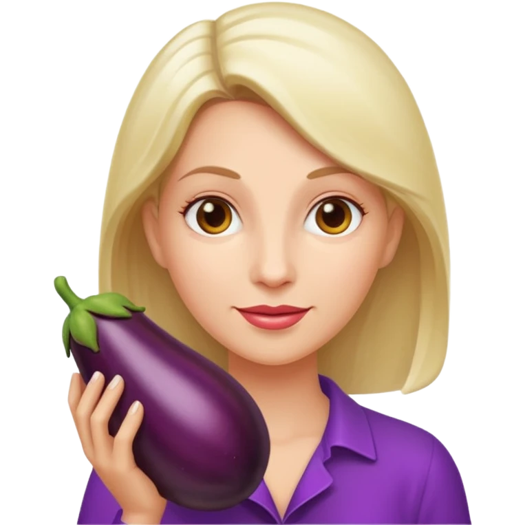 White woman holding an aubergine emoji