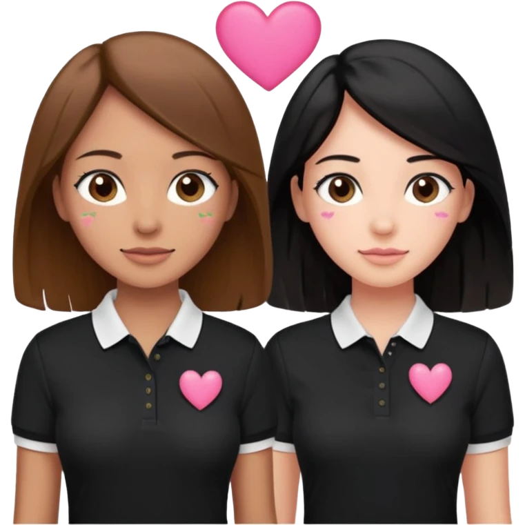 Dos mujeres juntas que una sea de color trigueña cabello castaño con una raya en medio polo blanco y de color blanca cabello largo negro polo negro, y tengan un corazones rosados pequeños  arriba emoji