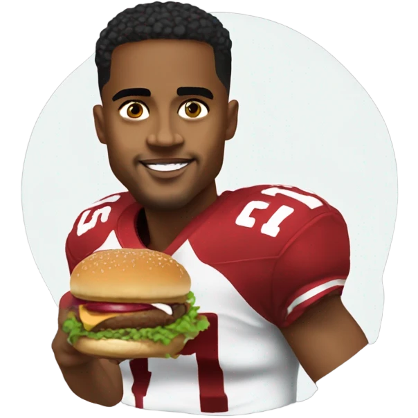 Black man with low taper fade eating burger with green Jalen hurts football jersey on emoji