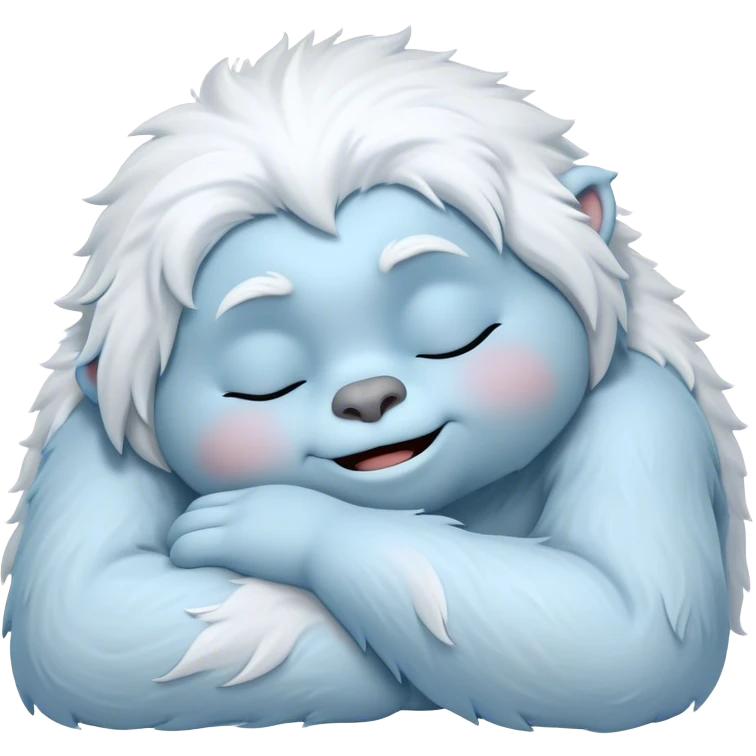 Meme-Worthy Cute Sleeping Yeti Portrait Emoji, with a charming, fluffy, snow-dusted figure in gentle whites and cool blues, head resting in blissful, serene slumber with closed, peaceful eyes and a small, contented smile, simplified yet irresistibly adorable, highly detailed with a soft frosty outline that captures the tender drowsiness of a yeti drifting into snowy dreams! emoji