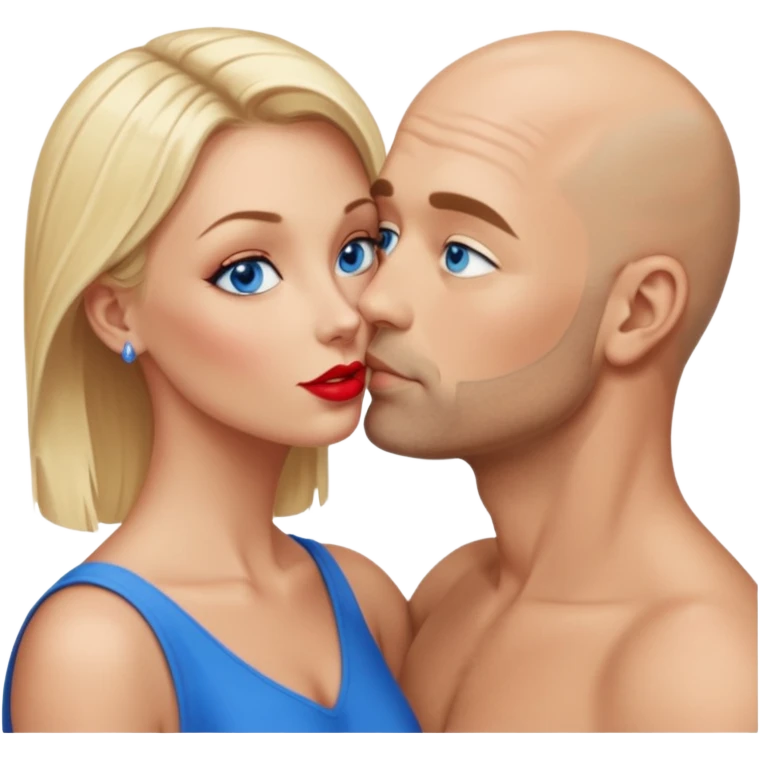 middle age bald man with scruff, blue eyes a.  Kissing blonde woman with blue eyes emoji