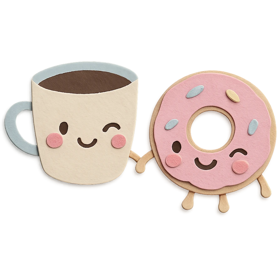 cute coffee cup and donut holding hands, winking, soft pastel kawaii style, transparent background emoji