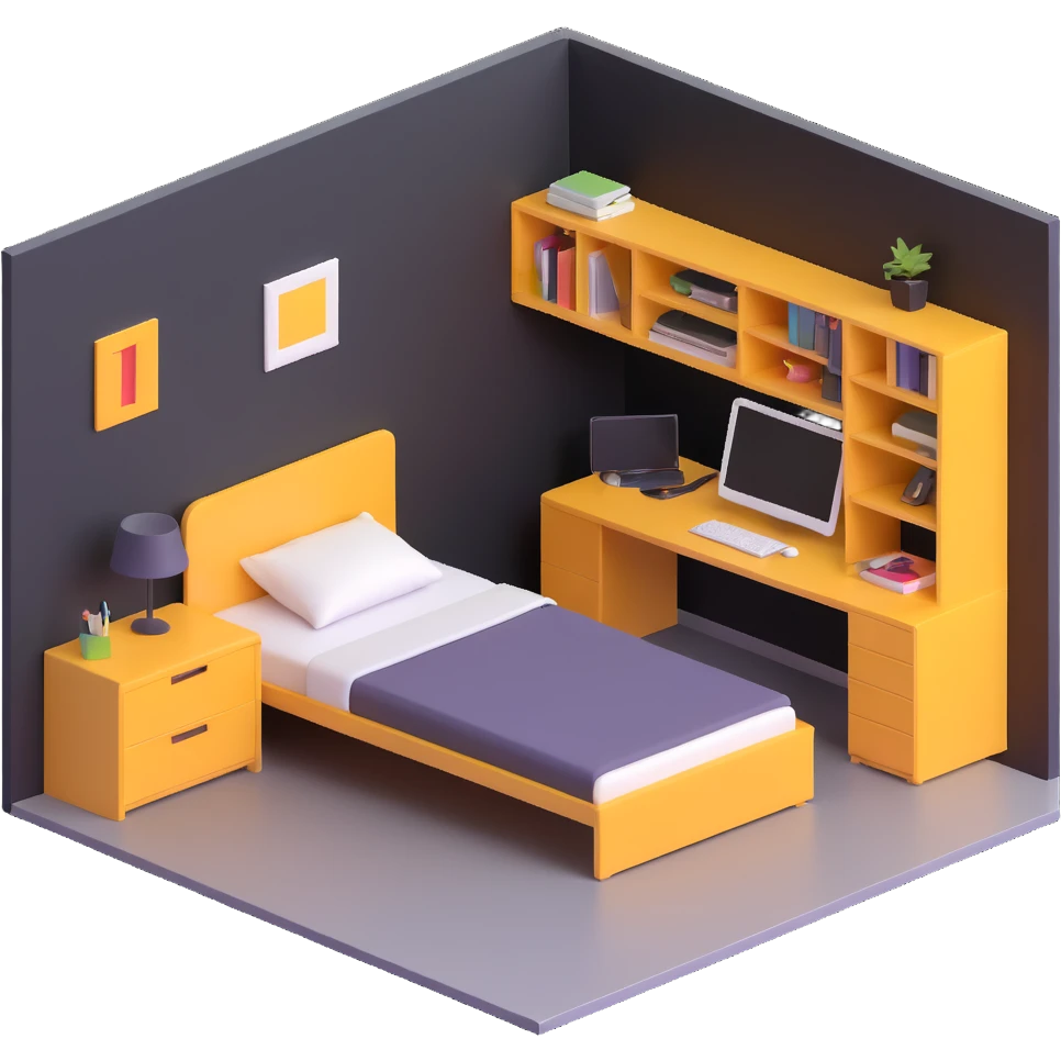 3D layout of teen bedroom with bed against wall, corner desk, and storage units emoji