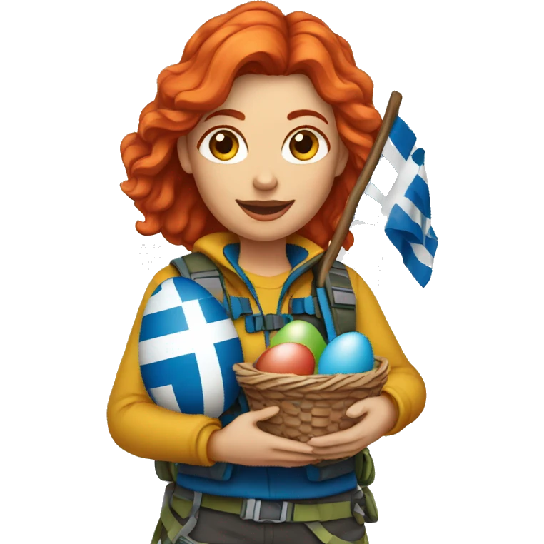 Female mountain climber red hair with Greek flag and holding Easter eggs basket emoji
