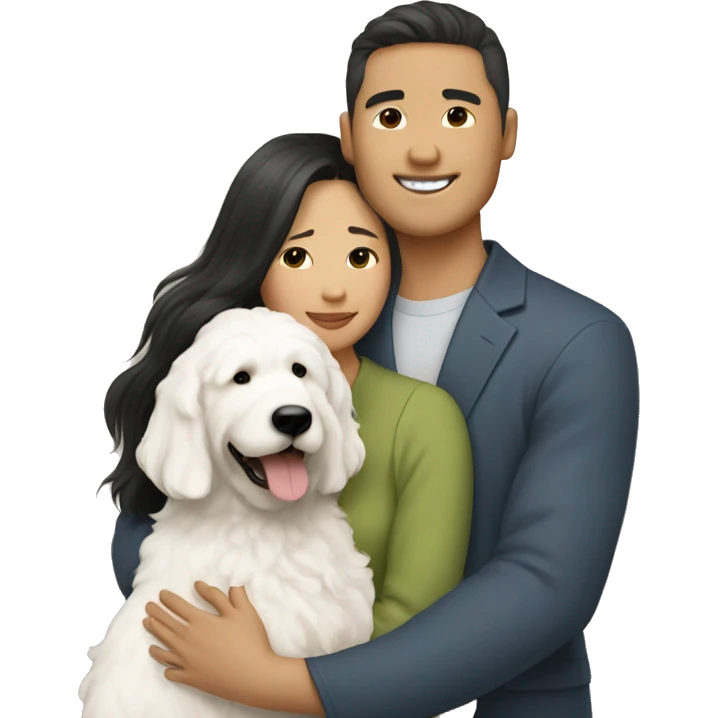 asian couple with straight hair hugging with a big white goldendoodle emoji