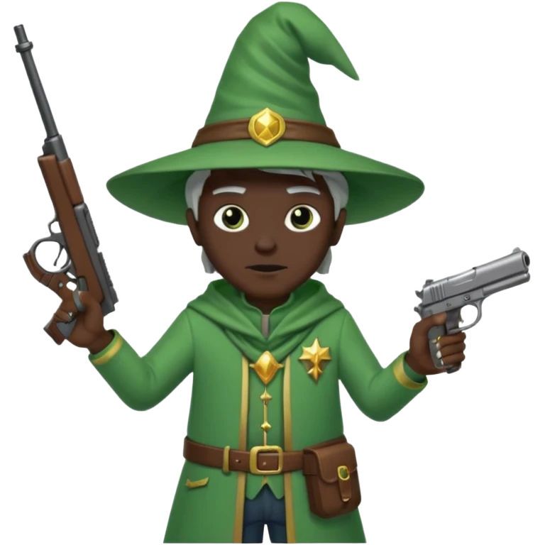 A wizard 🧙 wearing green clothes, with black skin, holding a pistol 🔫 and a rifle emoji