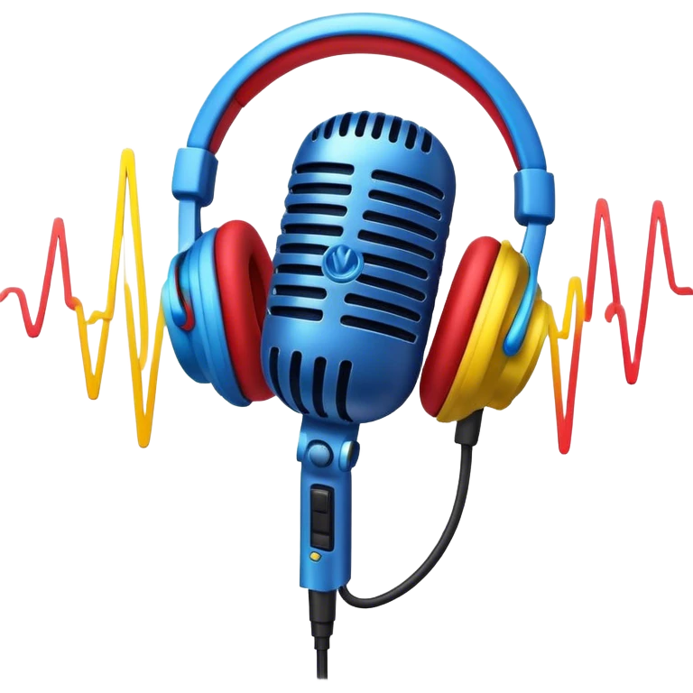 Create a dynamic and energetic emoji that represents beatboxing. The design should feature a microphone with soundwaves or rhythmic beats emanating from it, symbolizing the vocal percussion and rhythm of beatboxing. Add subtle elements like headphones or a beat pattern to reflect the technicality and creativity involved. Use bold, vibrant colors like neon blue, red, and yellow to convey the energy and street culture of beatboxing. The background should be transparent. emoji