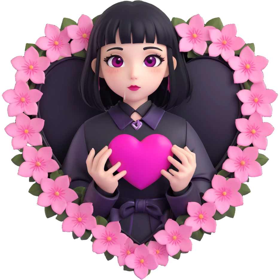 goth sakura black heart with metallic pink sakura petals, shiny and bold emoji