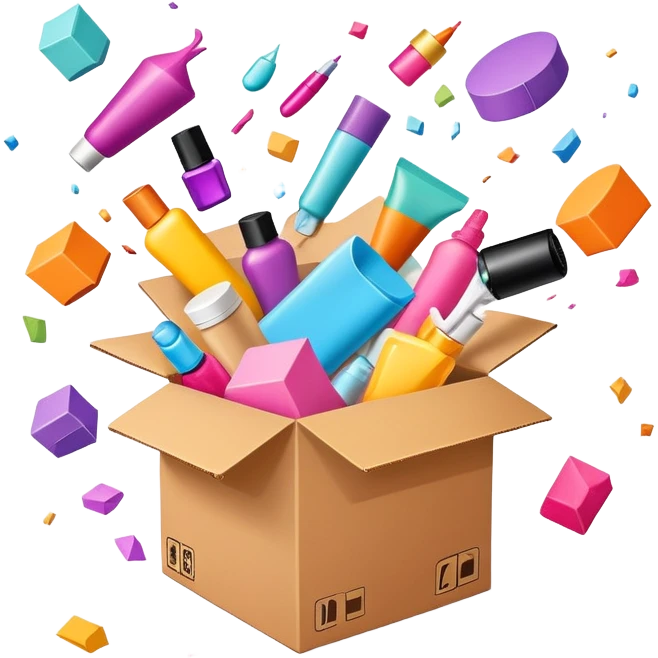 exploding cardboard box with beauty products flying out in a chaotic, disorganized way emoji