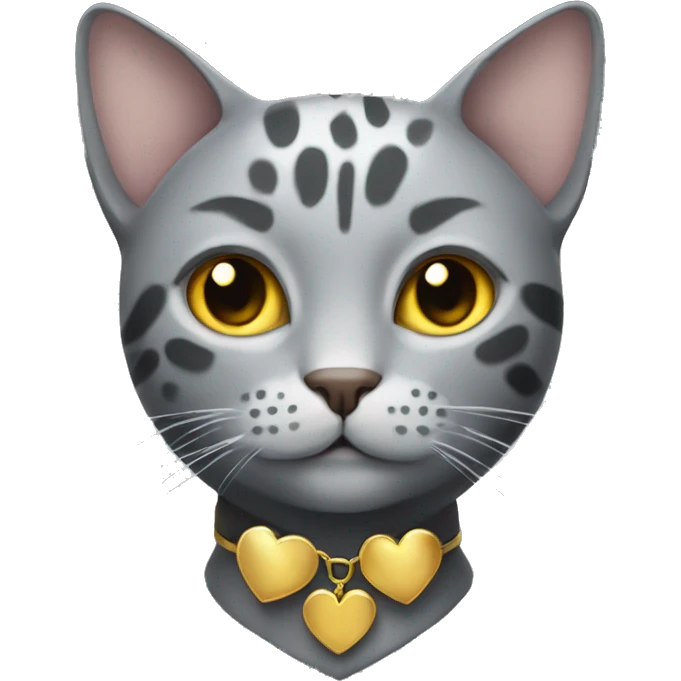 grey cat with spots with golden heart collar emoji