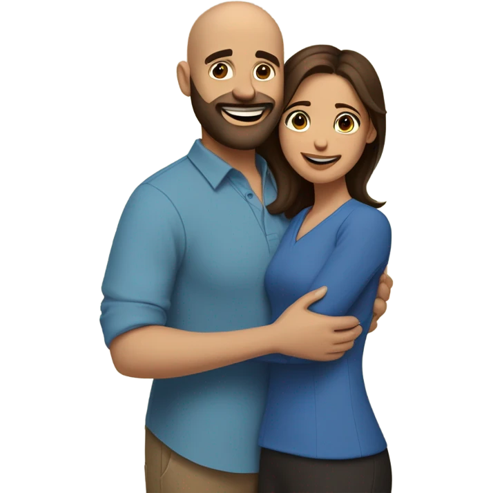 Brown-haired Puerto Rican woman with dark brown eyes wearing a cute blue blouse giving comforting hug to short, bald man with brown eyes, laugh lines, and a beard emoji