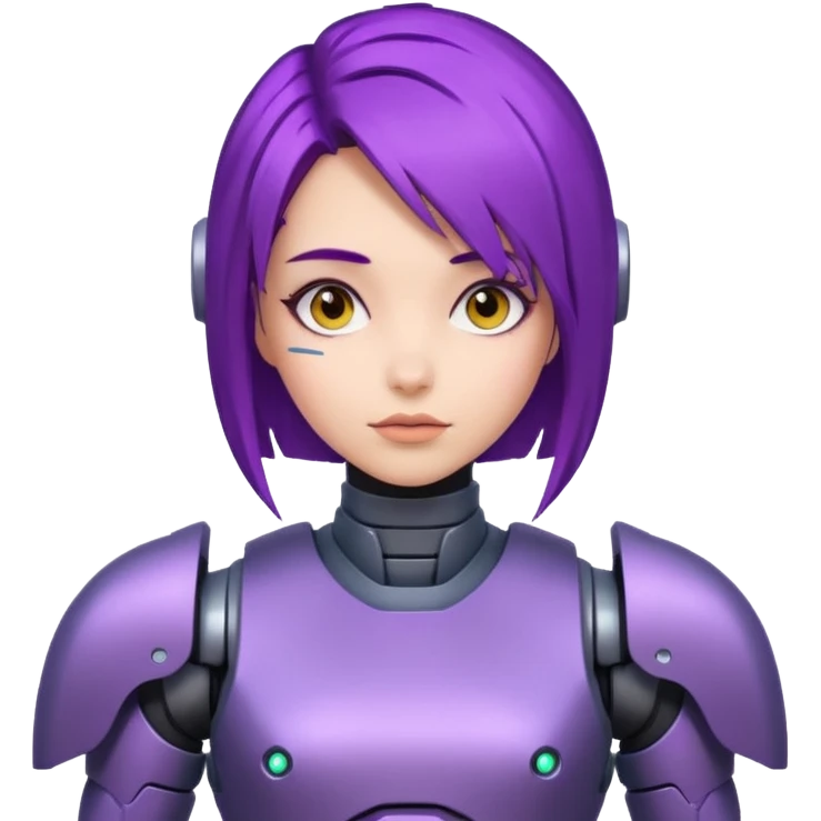 A woman with purple hair and a robot armor emoji
