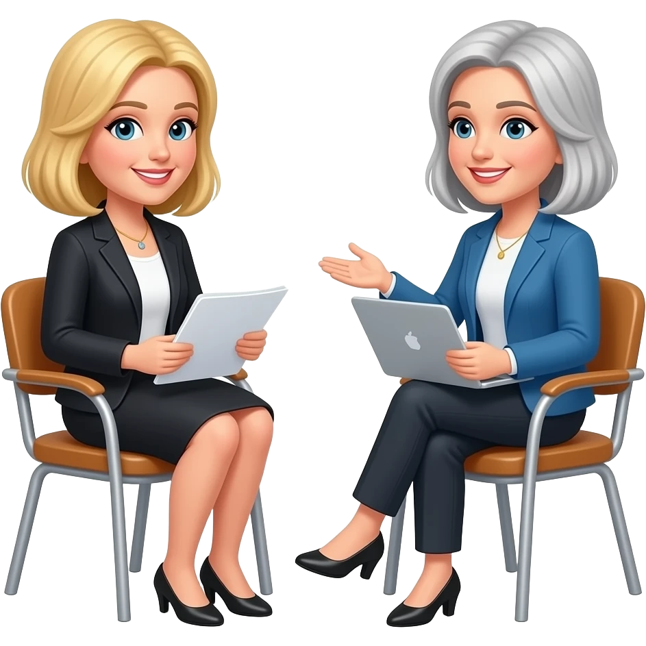 one-on-one meeting with two women, one blonde one blonde-grey emoji