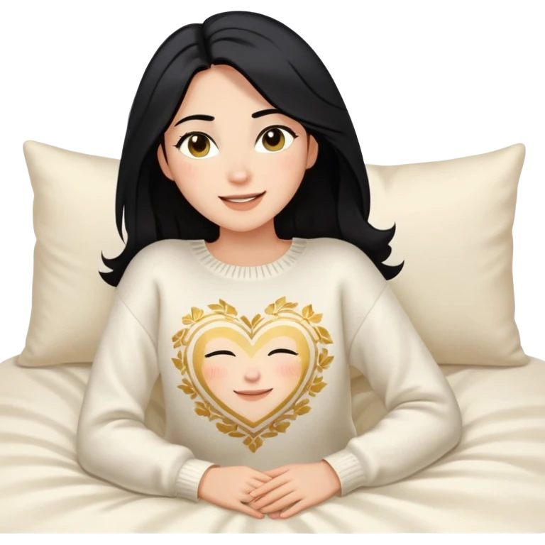 A woman with shoulder-length black hair, light to medium skin tone, full cheeks, and almond-shaped eyes, wearing a white sweater with gold design, lying comfortably on a bed with soft lighting, joyful and radiant expression. emoji