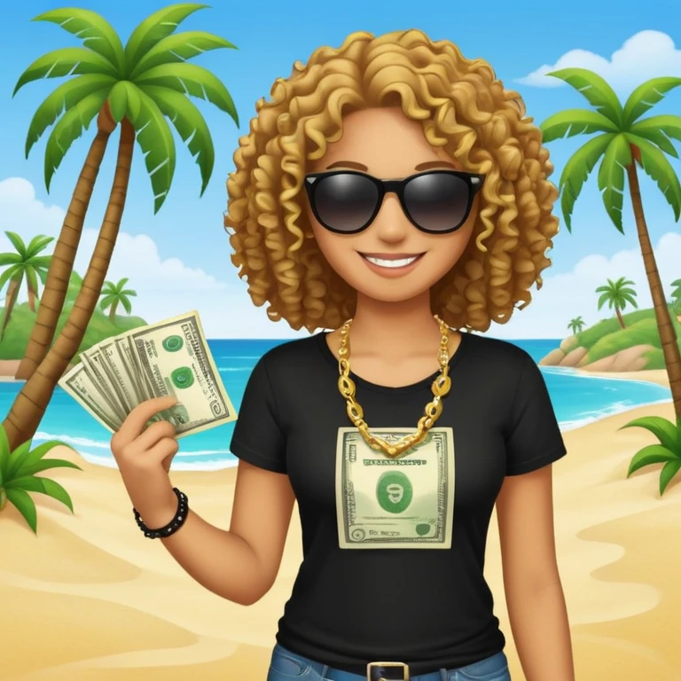 Smiling person with curly hair wearing black t-shirt and necklace, sunglasses, showing dollar bills, beach with palm trees emoji