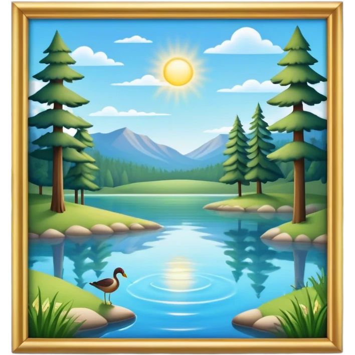 Cinematic Realistic Lake Emoji, Calm and reflective, with clear blue waters mirroring the surrounding landscape, framed by tall trees and grassy shores. The sunlight sparkles on the water’s surface while birds and animals play at the edge. Soft glowing outline, capturing the essence of peaceful serenity in a tranquil lake. emoji