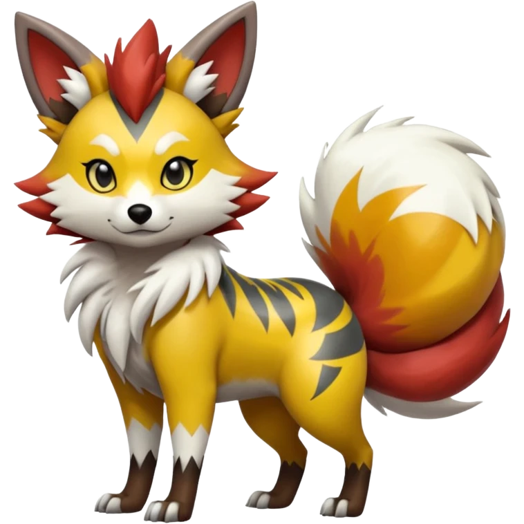 Gren-Yellow-Mango-Gradients-colored Lycanroc-Furret-Zorua-Poochyena-fusion, full body, with black and white edgy markings patterns emoji