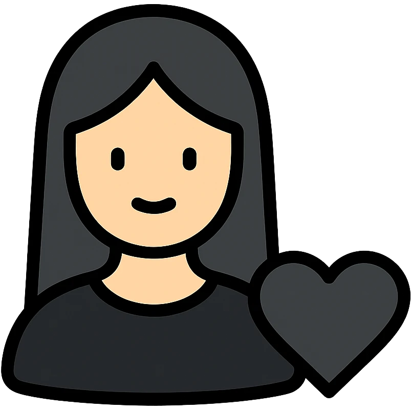 pale girl with long black hair and a black heart emoji