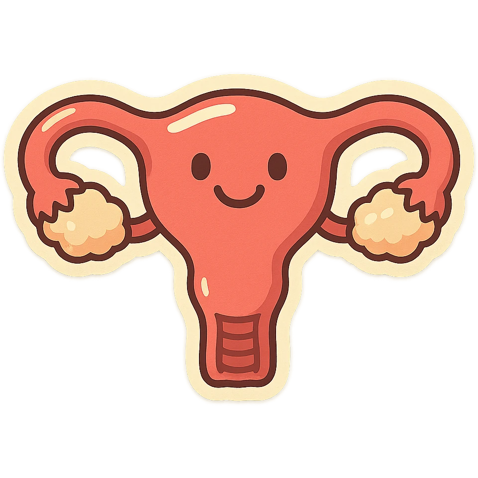 Retro stickers style variant of a uterus with a smile, soft rounded shapes, expressive contours, vintage color palette, light paper texture, shadows and highlights, transparent background. emoji