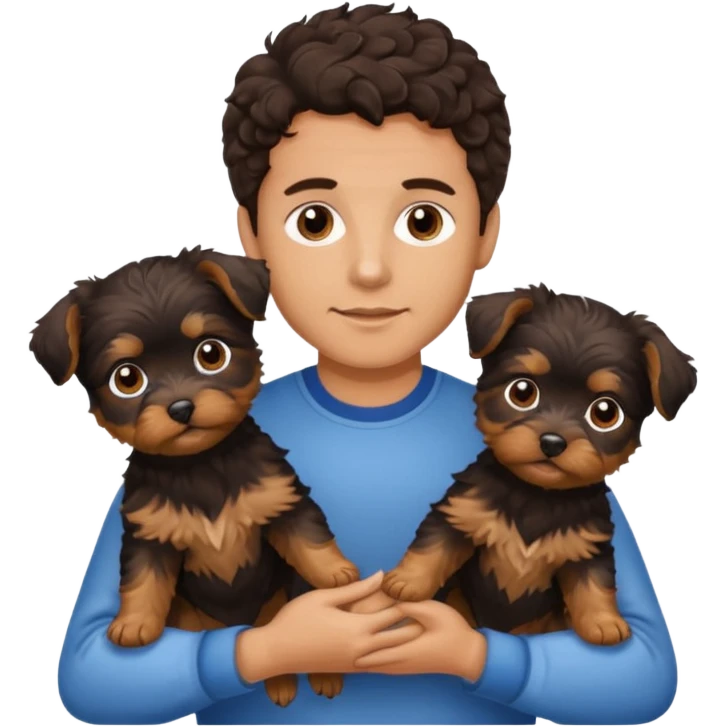 young man with dark brown curly hair, deep set eyes with two Yorkie puppies emoji
