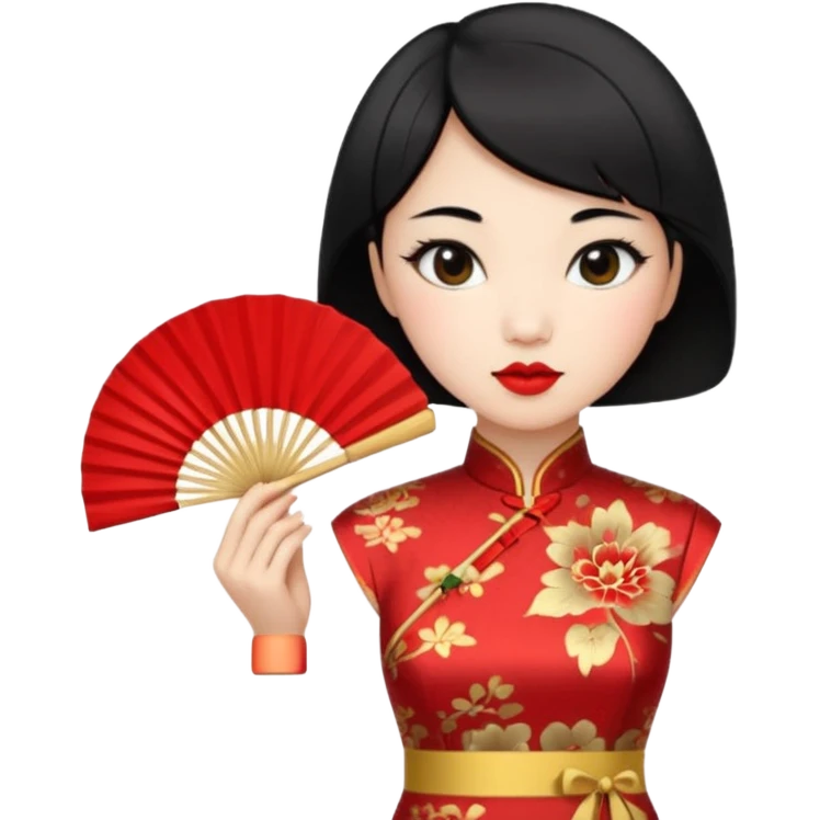 a chinese woman wearing a cheongsam holding a folding fan elegantly with fancy, red lipstick and short black hair emoji