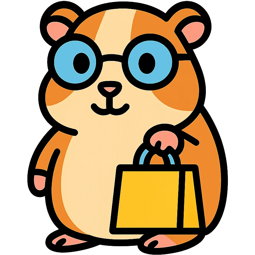studious guinea pig with glasses holding a shopping bag, cute outlined colorful style emoji