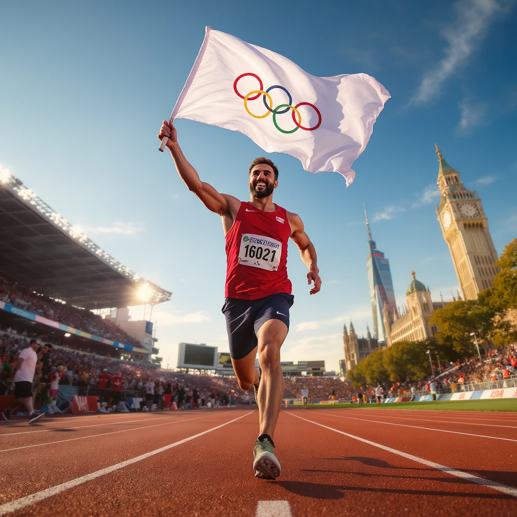 happy runner waving a white flag of Olympic emoji