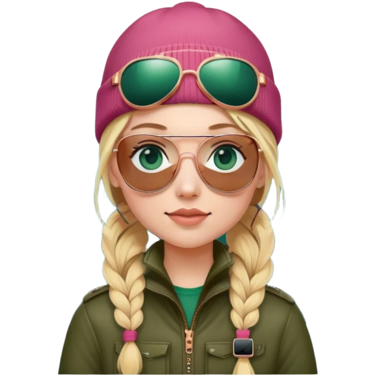 girl with pigtailed blond hair
with blue eyes and aviator sunglasses

wearing beanie
wearing (rose gold apple watch with forest green band) emoji
