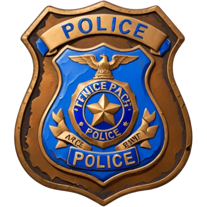 cinematic - aesthetic brilliant divine lighting, oil paint - antique police badge rusty, crumpled and broken emoji