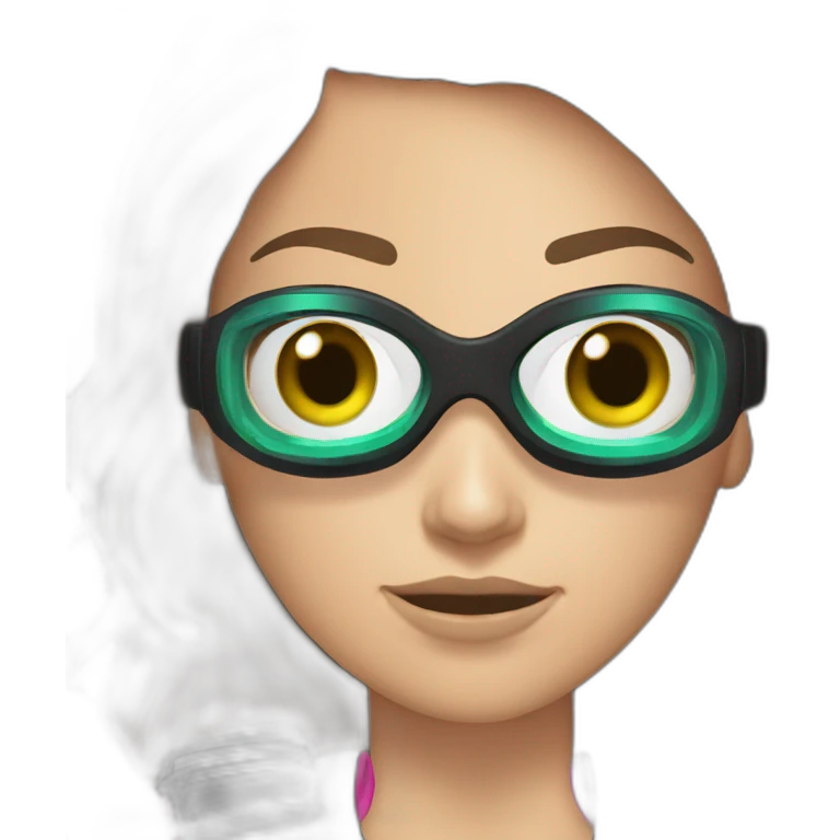 woman with underwater scubadiver gear with green and blue eyes, large and straight brown hair, pink diving underwater black suit gear emoji