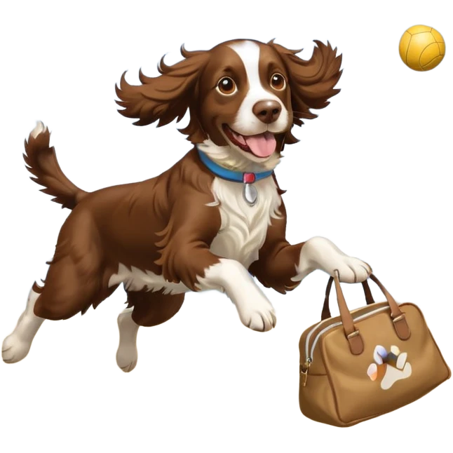 brown English springer spaniel jumping for joy on a Northumberland beach with a bag of balls emoji