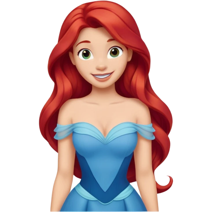 Disney human Ariel with long red hair wearing a blue dress, smiling emoji
