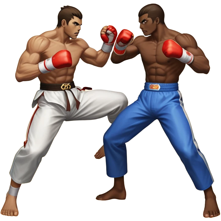 An icon showing two fighters in an intense battle, inspired by Tekken. The design features dynamic poses, with powerful punches and kicks, and a vibrant action-packed background. Health bars are visible at the bottom, showing each player’s status. Transparent background. emoji