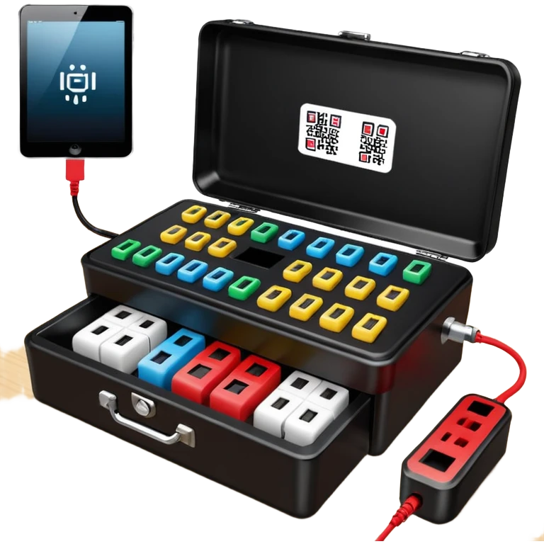 Open professional black testing case on wooden desk. Interior: control panel with colored sockets, USB ports, and power outlet. Inside: a roll of white QR-code calibration stickers.  red test probe.  emoji