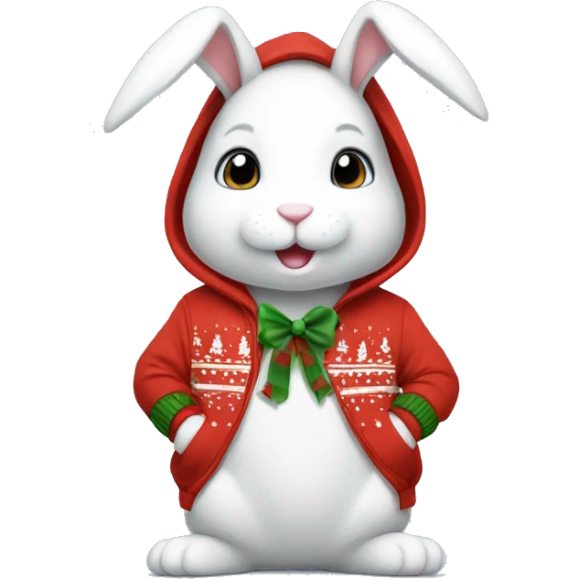 White bunny wearing a christmas hoodie emoji