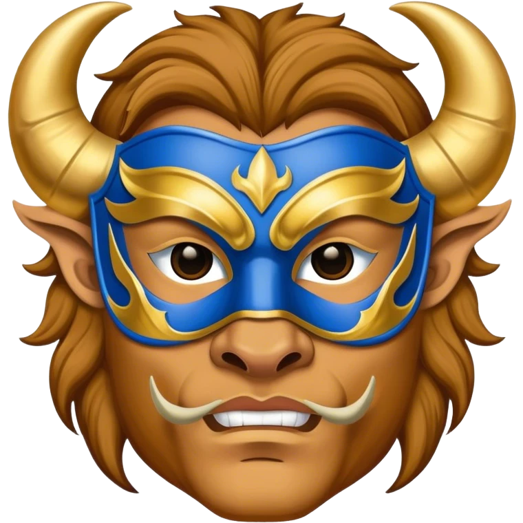 a man, with a Blue vest,  wear half-face golden Buffalo masquerade mask emoji