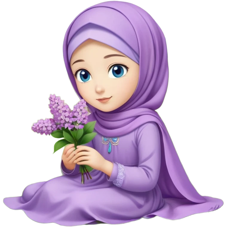 Turkish beautiful finish Konya girl blue eyes with lilac flower hijab long tail dress and sits on the grass on the ground and hold lilac flower on hand  emoji