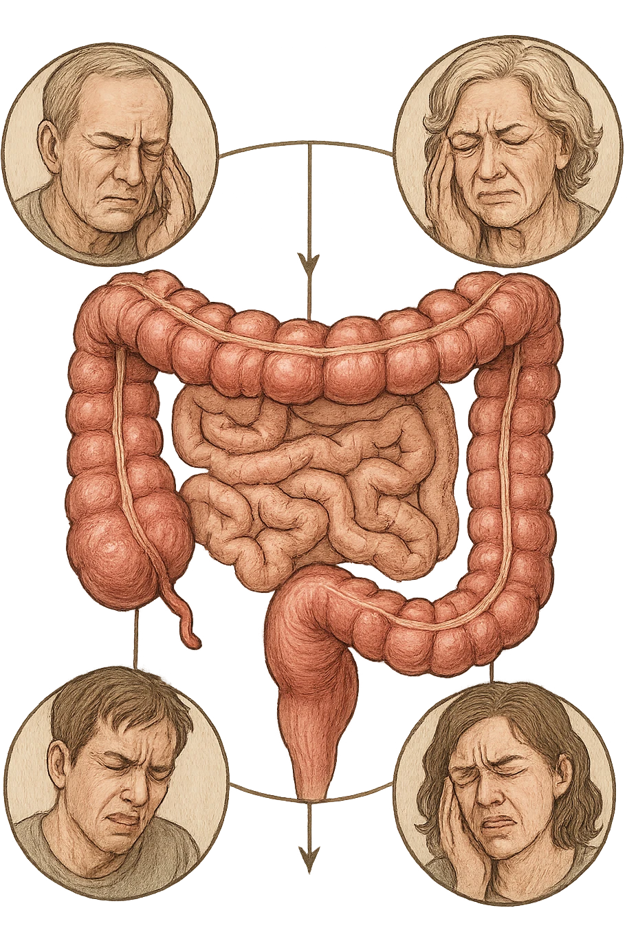 UNA SFILZA DI PARENTI TUTTE MALATE DI CANCRO AL COLON, SI TRAMANDO IL CANCRO NELLE GENERAZIONI, INTESTINO ANATOMICO VISIBILE ED ESPRESSIONE DI DOLORE IN VOLTO, MAL DI PANCIA emoji
