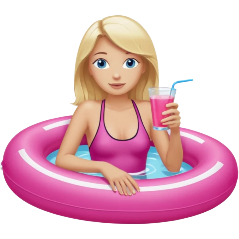 woman with blonde hair and blue eyes sitting in pink pool tube in a pool sipping a drink emoji