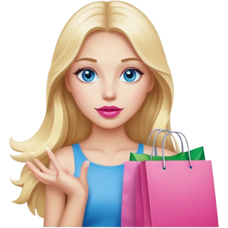 Cinematic realistic blonde with long hair, blue eyes and pink lips holds shopping bags in her hands emoji