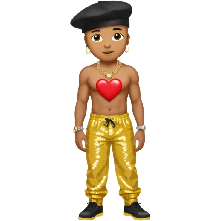 LL Cool J with yellow sequin baggy pants, shirtless with necklace with red heart, black hat emoji