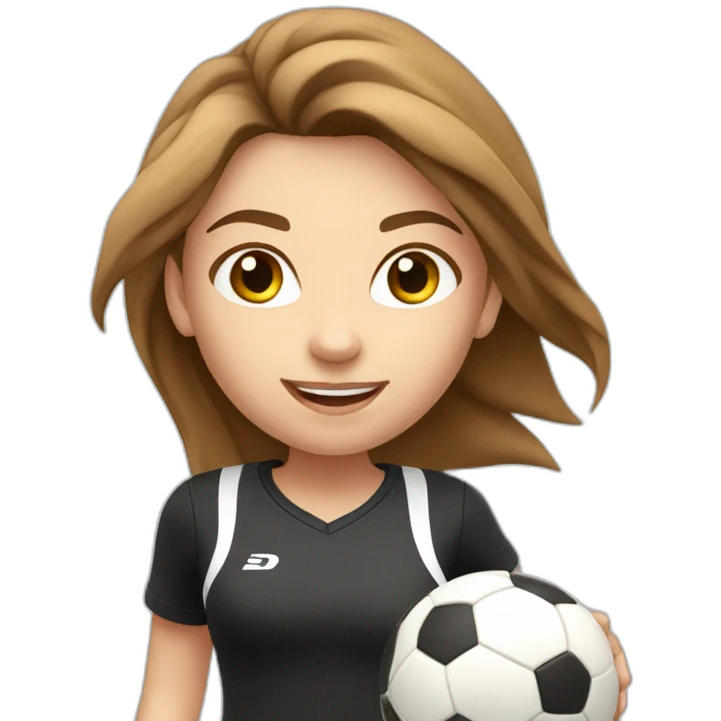 Caucasian girl with brown long hair running with a soccer ball wearing White short and black shorts emoji
