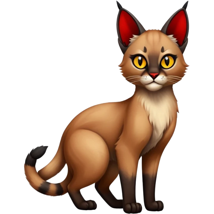 Gothic exotic Red and black and edgy and cute shiny Fantasy-Siamese-Bobcat-Caracal-Lykoi-feline-Fakémon-feline-hybrid (full body) emoji